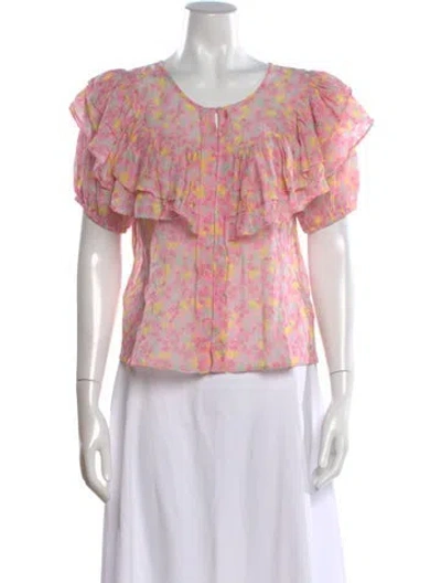 Pre-owned Loveshackfancy Floral Print Crew Neck Blouse In Pink