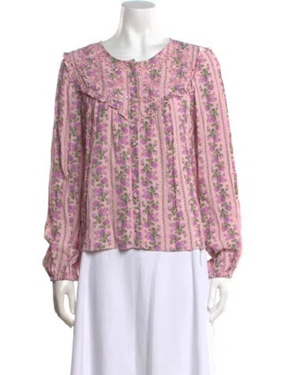 Pre-owned Loveshackfancy Floral Print Crew Neck Blouse In Pink