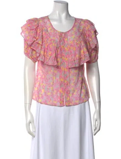 Pre-owned Loveshackfancy Floral Print Crew Neck Blouse In Pink