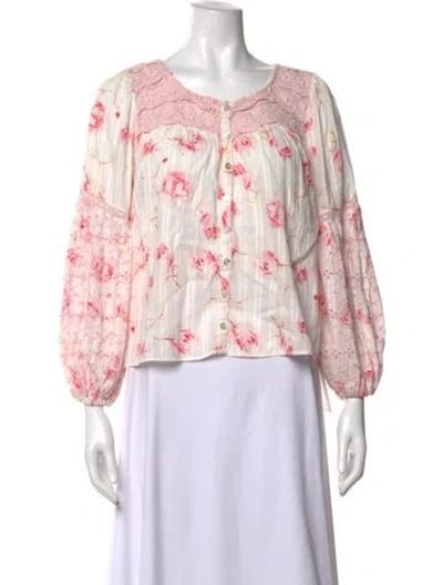 Pre-owned Loveshackfancy Floral Print Crew Neck Blouse In Pink
