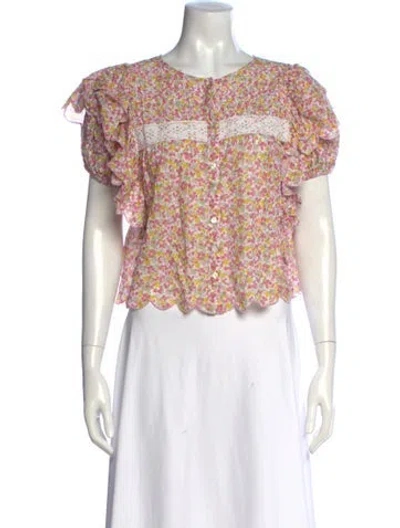 Pre-owned Loveshackfancy Floral Print Crew Neck Blouse In Pink