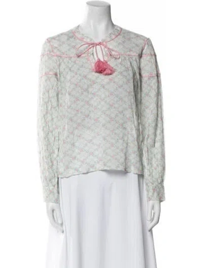 Pre-owned Loveshackfancy Floral Print Crew Neck Blouse In White