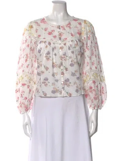 Pre-owned Loveshackfancy Floral Print Crew Neck Blouse In White