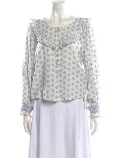 Pre-owned Loveshackfancy Floral Print Crew Neck Blouse In White