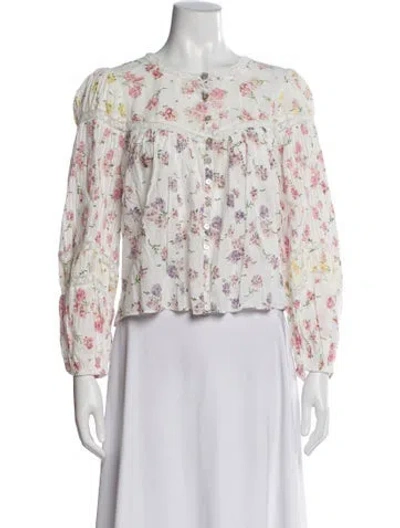 Pre-owned Loveshackfancy Floral Print Crew Neck Blouse In White