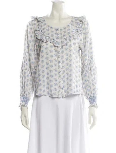 Pre-owned Loveshackfancy Floral Print Crew Neck Blouse In White