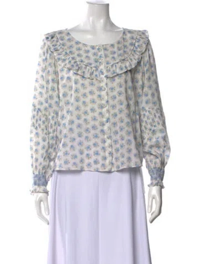 Pre-owned Loveshackfancy Floral Print Crew Neck Blouse In White