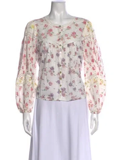 Pre-owned Loveshackfancy Floral Print Crew Neck Blouse In White