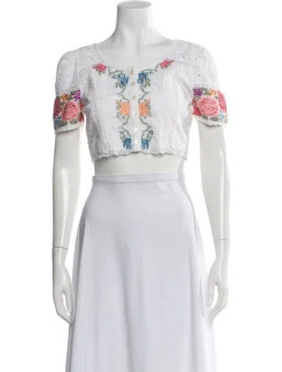 Pre-owned Loveshackfancy Floral Print Crew Neck Blouse In White