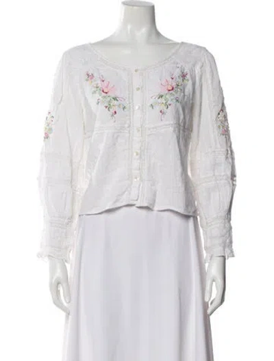 Pre-owned Loveshackfancy Floral Print Crew Neck Blouse In White