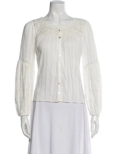 Pre-owned Loveshackfancy Floral Print Crew Neck Blouse In White