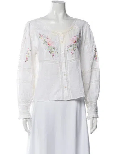 Pre-owned Loveshackfancy Floral Print Crew Neck Blouse In White