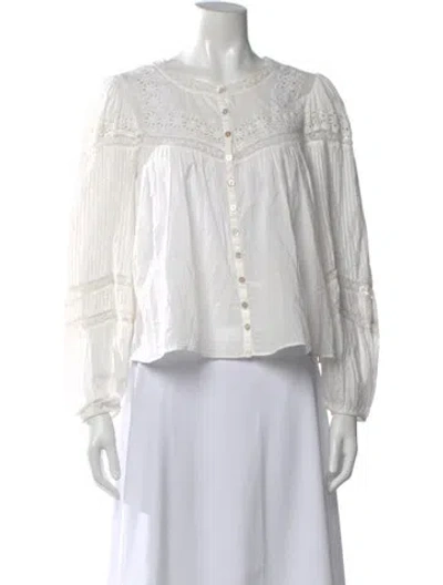 Pre-owned Loveshackfancy Floral Print Crew Neck Blouse In White