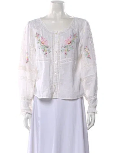 Pre-owned Loveshackfancy Floral Print Crew Neck Blouse In White