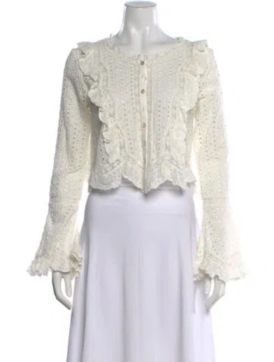Pre-owned Loveshackfancy Floral Print Crew Neck Blouse In White