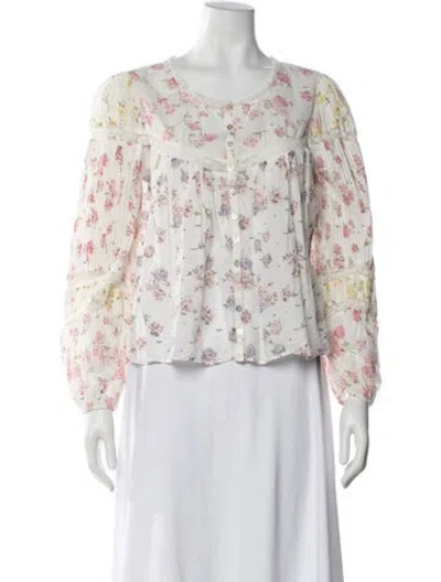 Pre-owned Loveshackfancy Floral Print Crew Neck Blouse In White