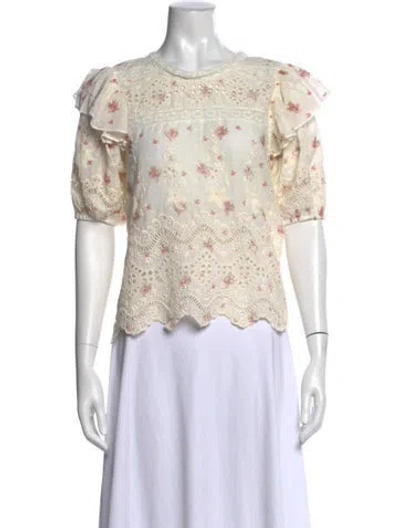 Pre-owned Loveshackfancy Floral Print Crew Neck Blouse In White