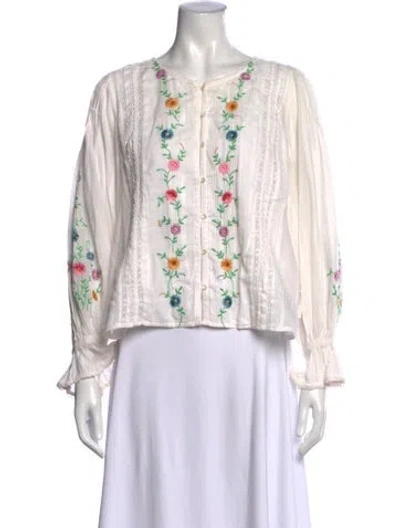 Pre-owned Loveshackfancy Floral Print Crew Neck Blouse In White