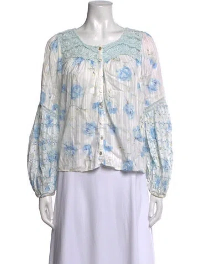 Pre-owned Loveshackfancy Floral Print Crew Neck Blouse In White