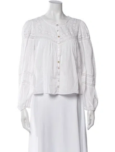 Pre-owned Loveshackfancy Floral Print Crew Neck Blouse In White