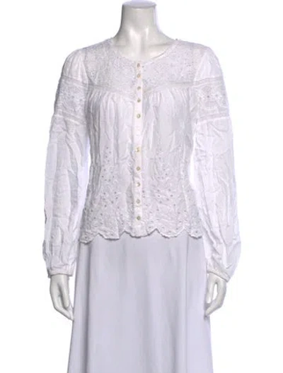 Pre-owned Loveshackfancy Floral Print Crew Neck Blouse In White