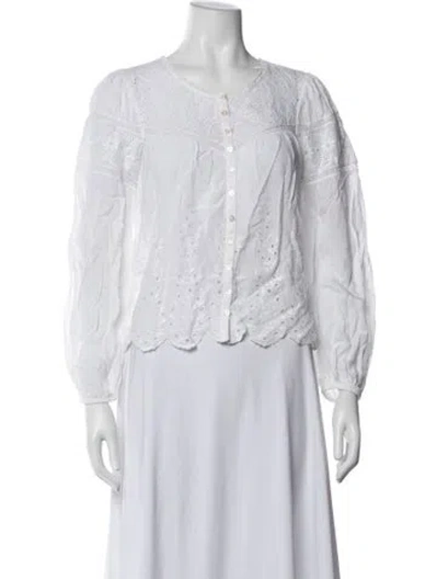 Pre-owned Loveshackfancy Floral Print Crew Neck Blouse In White