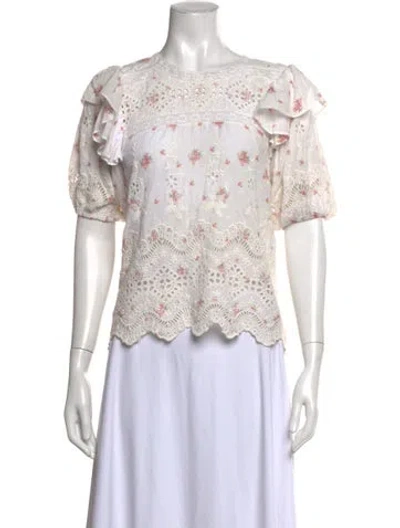 Pre-owned Loveshackfancy Floral Print Crew Neck Blouse In White
