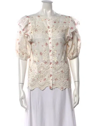 Pre-owned Loveshackfancy Floral Print Crew Neck Blouse In White