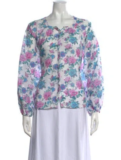 Pre-owned Loveshackfancy Floral Print Crew Neck Blouse In White