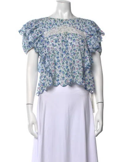 Pre-owned Loveshackfancy Floral Print Crew Neck Blouse In White