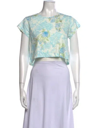 Pre-owned Loveshackfancy Floral Print Crew Neck Crop Top In Blue