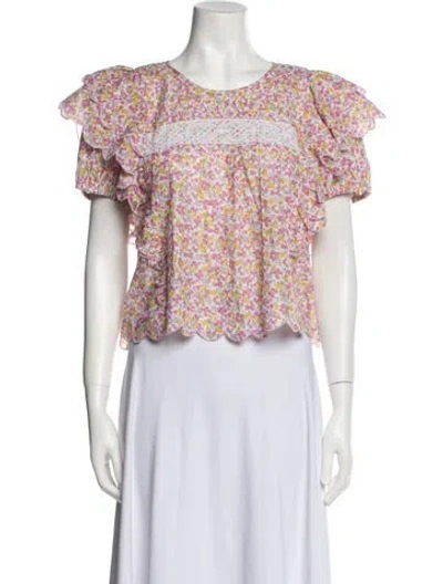 Pre-owned Loveshackfancy Floral Print Crew Neck Crop Top In Pink