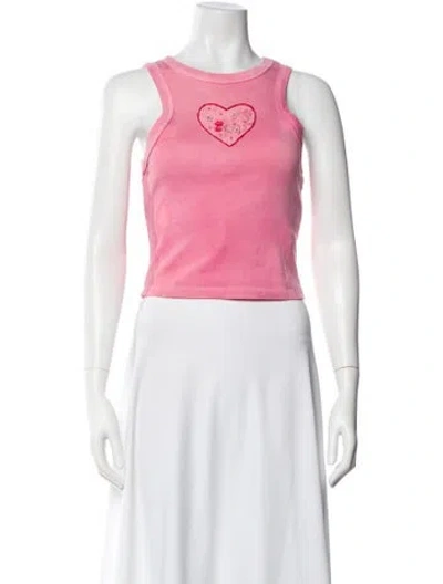 Pre-owned Loveshackfancy Floral Print Crew Neck Crop Top In Pink