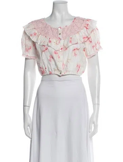 Pre-owned Loveshackfancy Floral Print Crew Neck Crop Top In Pink