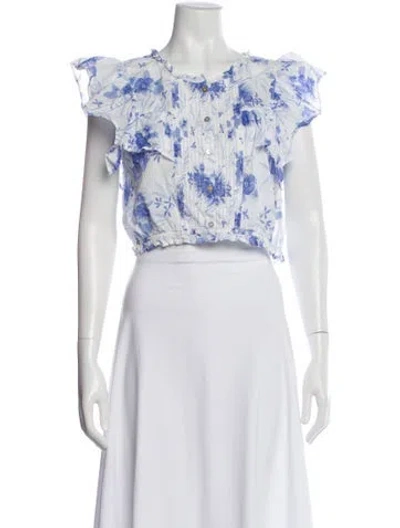 Pre-owned Loveshackfancy Floral Print Crew Neck Crop Top In White