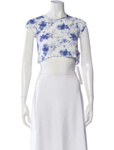 Pre-owned Loveshackfancy Floral Print Crew Neck Crop Top In White