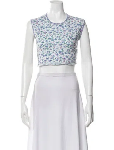 Pre-owned Loveshackfancy Floral Print Crew Neck Crop Top In White