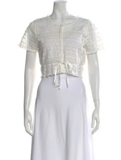 Pre-owned Loveshackfancy Floral Print Crew Neck Crop Top In White