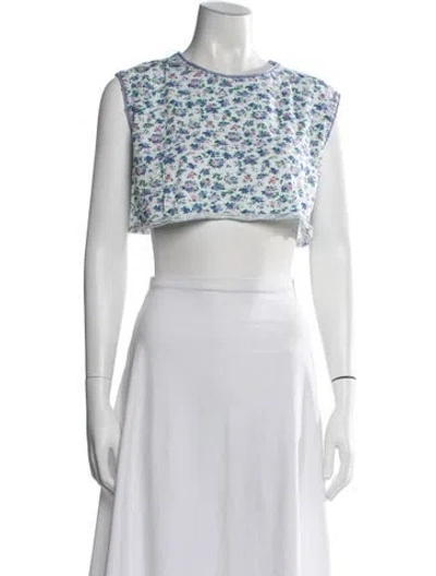 Pre-owned Loveshackfancy Floral Print Crew Neck Crop Top In White