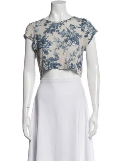 Pre-owned Loveshackfancy Floral Print Crew Neck Crop Top In White
