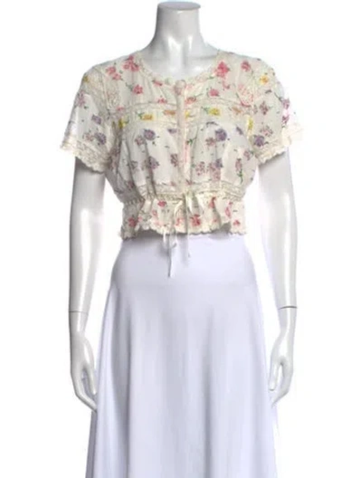 Pre-owned Loveshackfancy Floral Print Crew Neck Crop Top In White