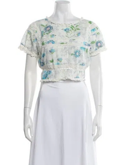 Pre-owned Loveshackfancy Floral Print Crew Neck Crop Top In White