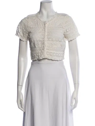 Pre-owned Loveshackfancy Floral Print Crew Neck Crop Top In White