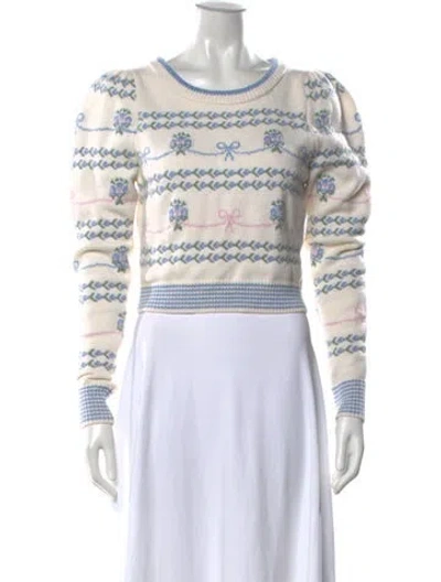 Pre-owned Loveshackfancy Floral Print Crew Neck Sweater In White