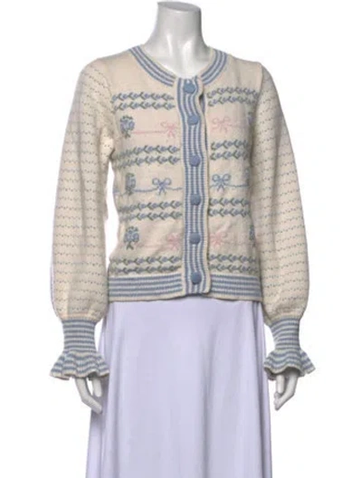 Pre-owned Loveshackfancy Floral Print Crew Neck Sweater In White