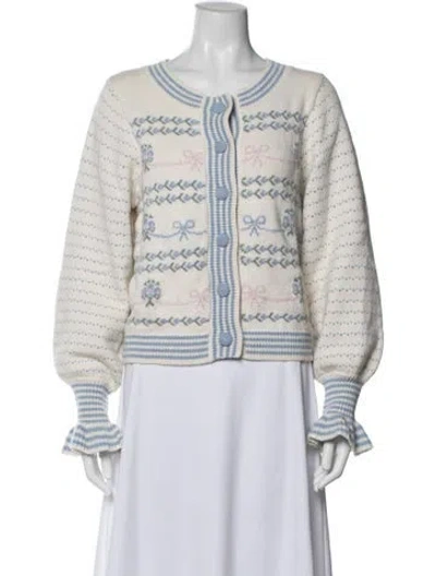 Pre-owned Loveshackfancy Floral Print Crew Neck Sweater In White