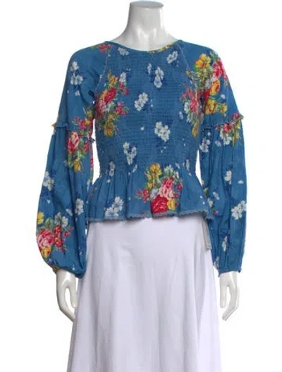 Pre-owned Loveshackfancy Floral Print Crew Neck Top In Blue