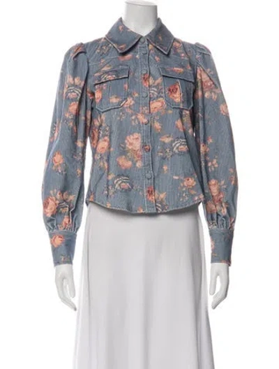 Pre-owned Loveshackfancy Floral Print Denim Jacket In Blue