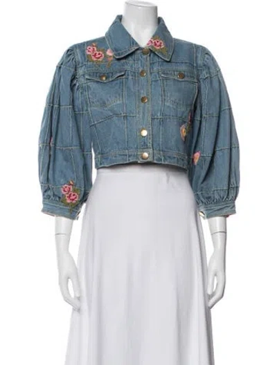 Pre-owned Loveshackfancy Floral Print Denim Jacket In Blue