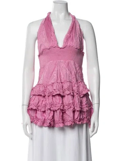 Pre-owned Loveshackfancy Floral Print Halterneck Top In Pink